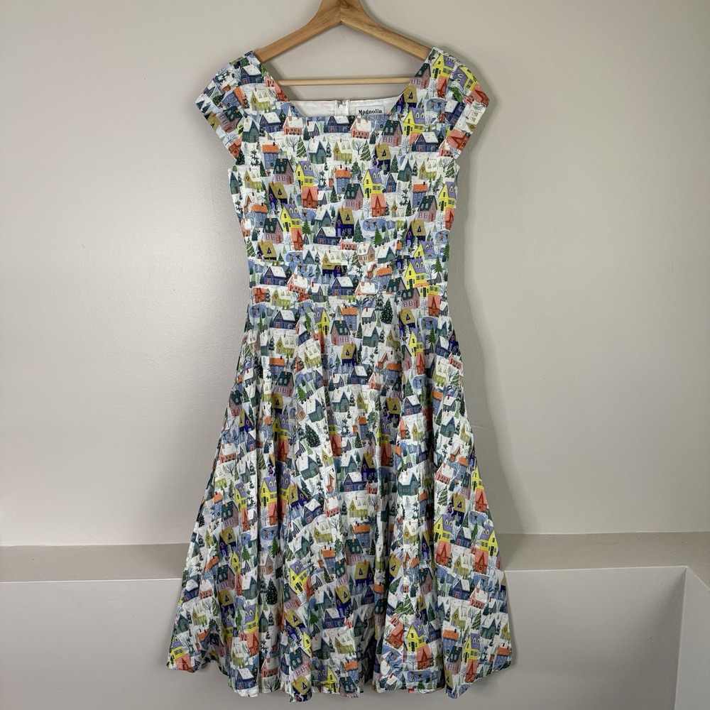 Unique Vintage Magnolia Place Multicolor Winter House Anna Swing Dress‎ Size S/4